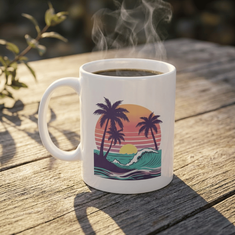 Retro Sunset & Palm Waves Ceramic Mug