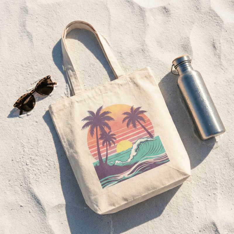 Retro Sunset & Palm Waves Canvas Tote Bag